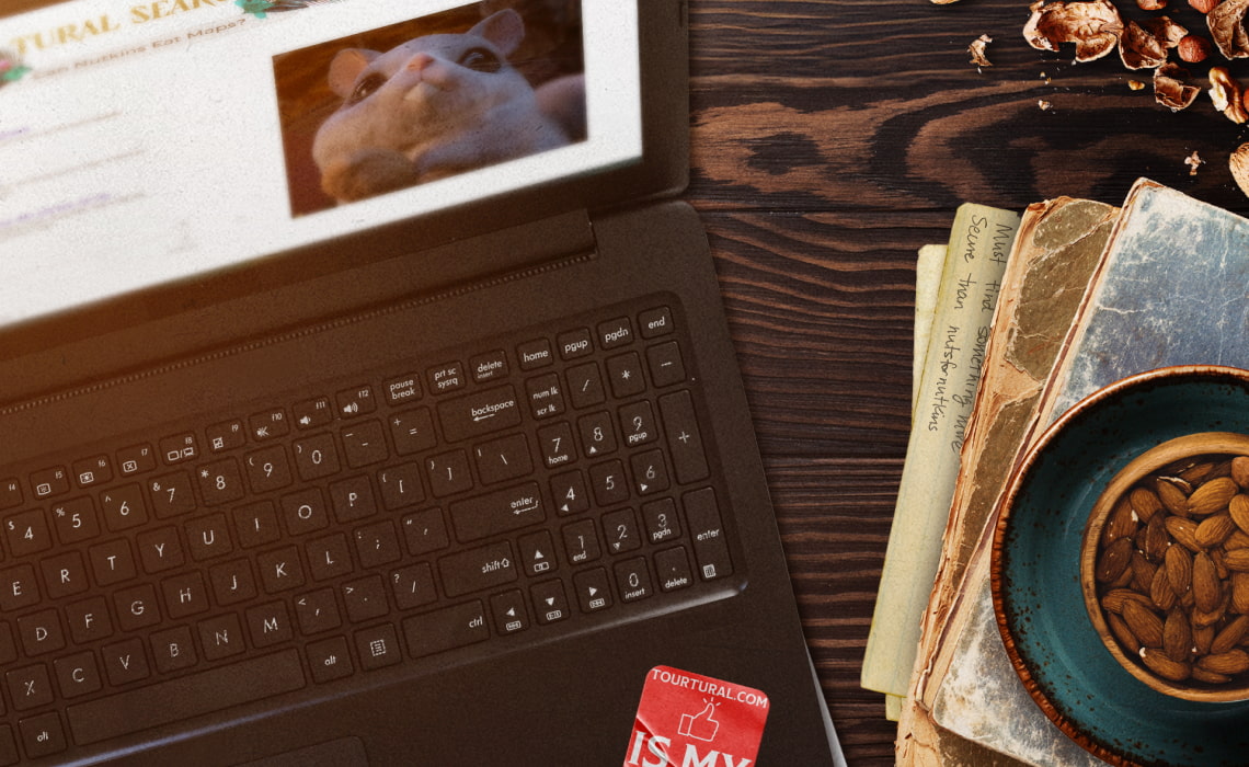 A photo of a laptop, postcards and some nuts on a desk