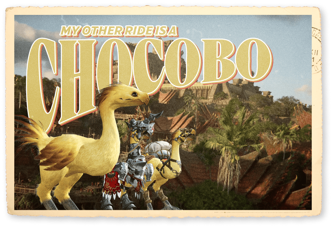 Photo of a postcard reading my other ride is a chocobo
