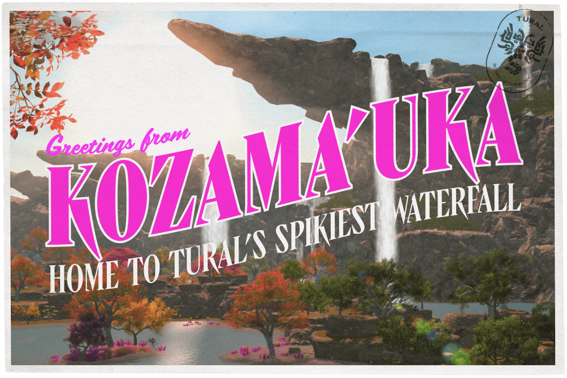 Photo of a postcard reading greetings from Kozama'uka, home to Tural's spikiest waterfall. 